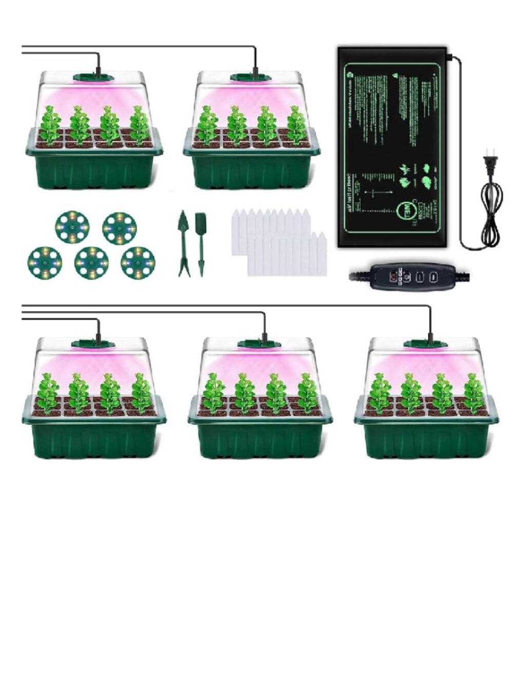 5 Pack Seed Starter Tray Kit and Seedling Heat Mat with Adjustable Brightness